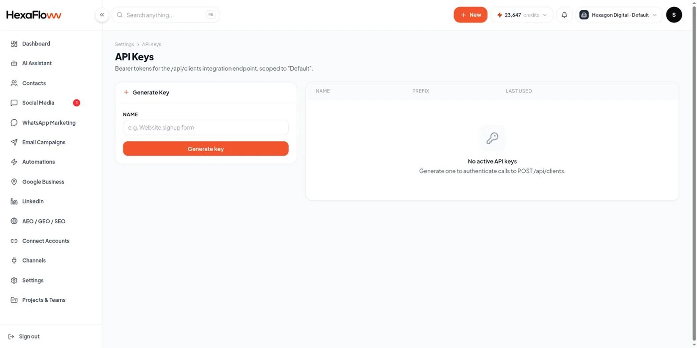 API keys page with a newly created key