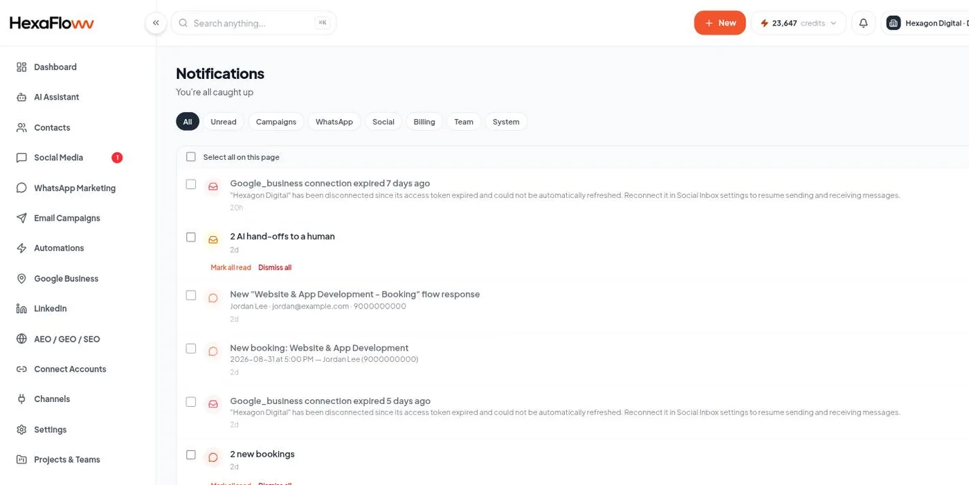 Notification bell dropdown with recent alerts