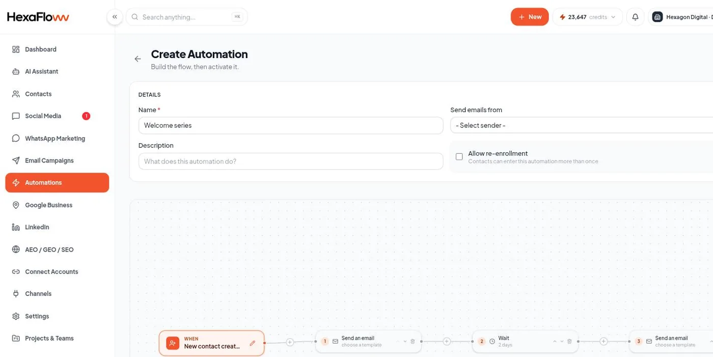 Automation builder with a trigger and a chain of steps