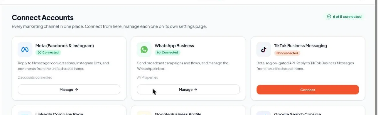 Connect Accounts hub with the Facebook & Instagram card