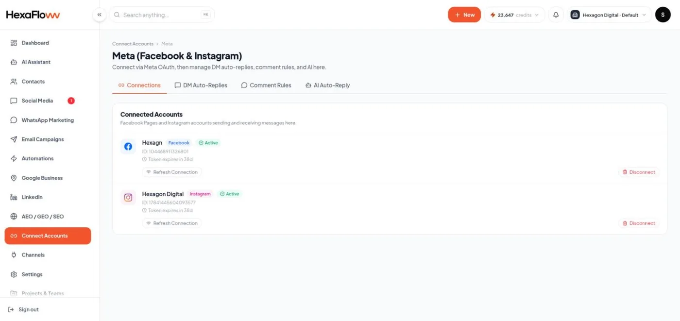Connections tab showing Facebook and Instagram marked Connected