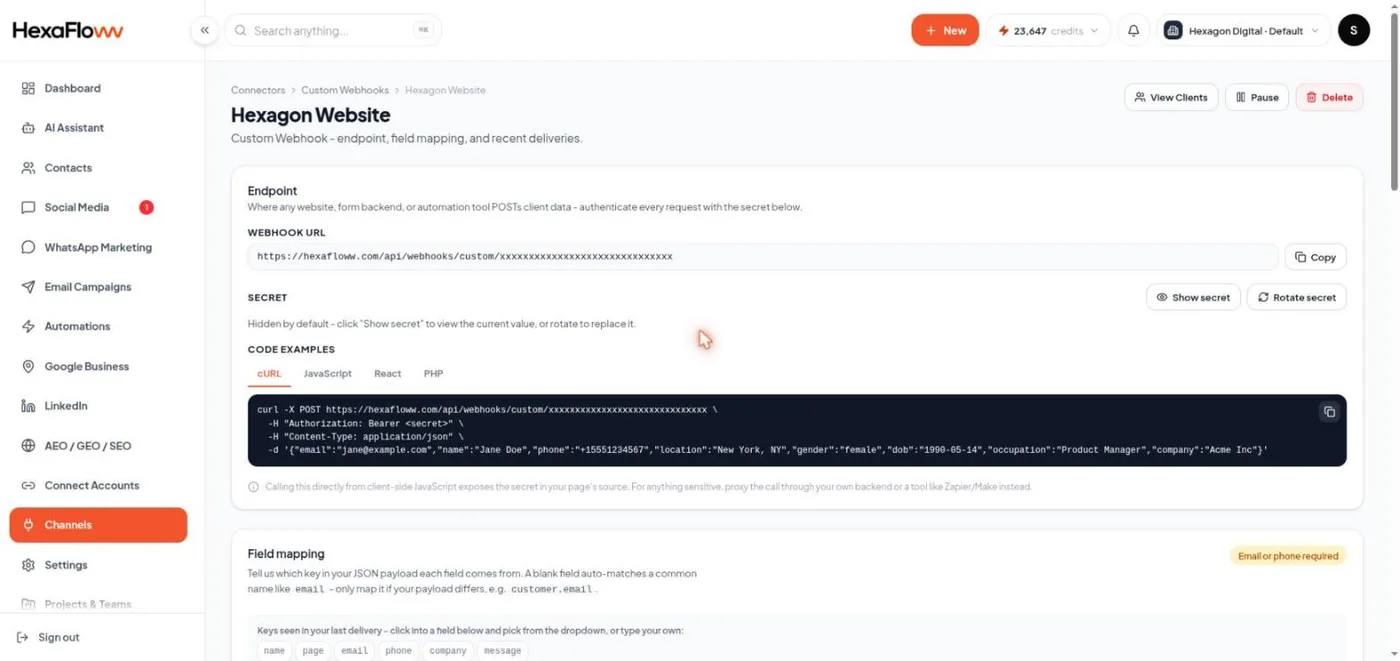 Custom webhook page with the URL, secret, and field mapping