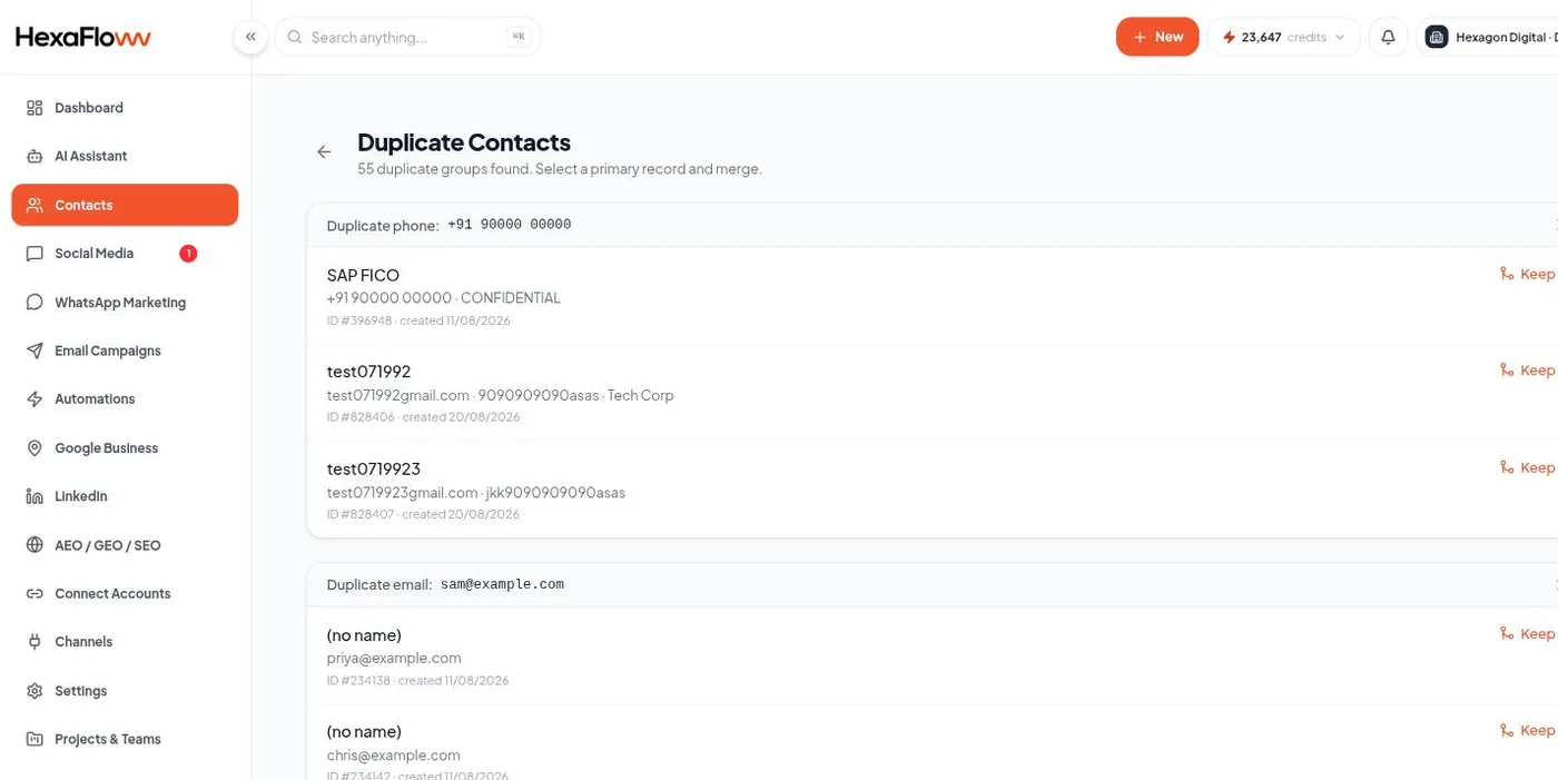 Duplicates page listing matched contact groups