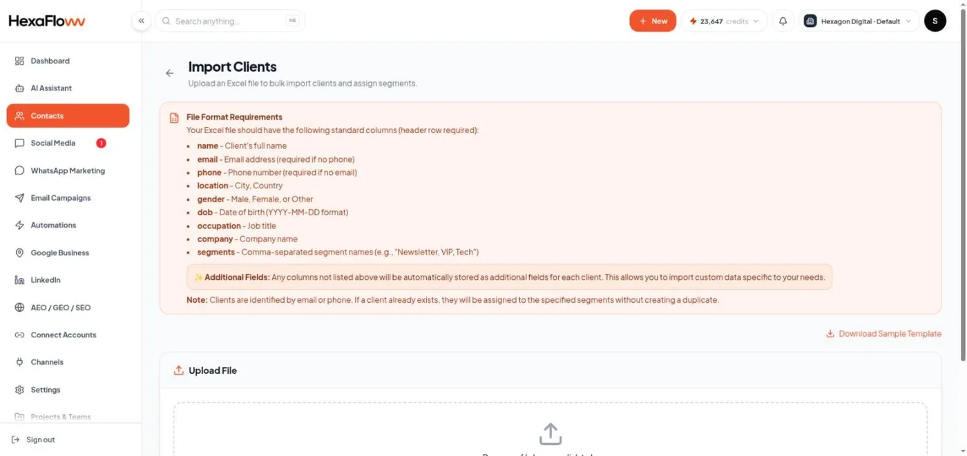 Import page with the drag-and-drop upload zone