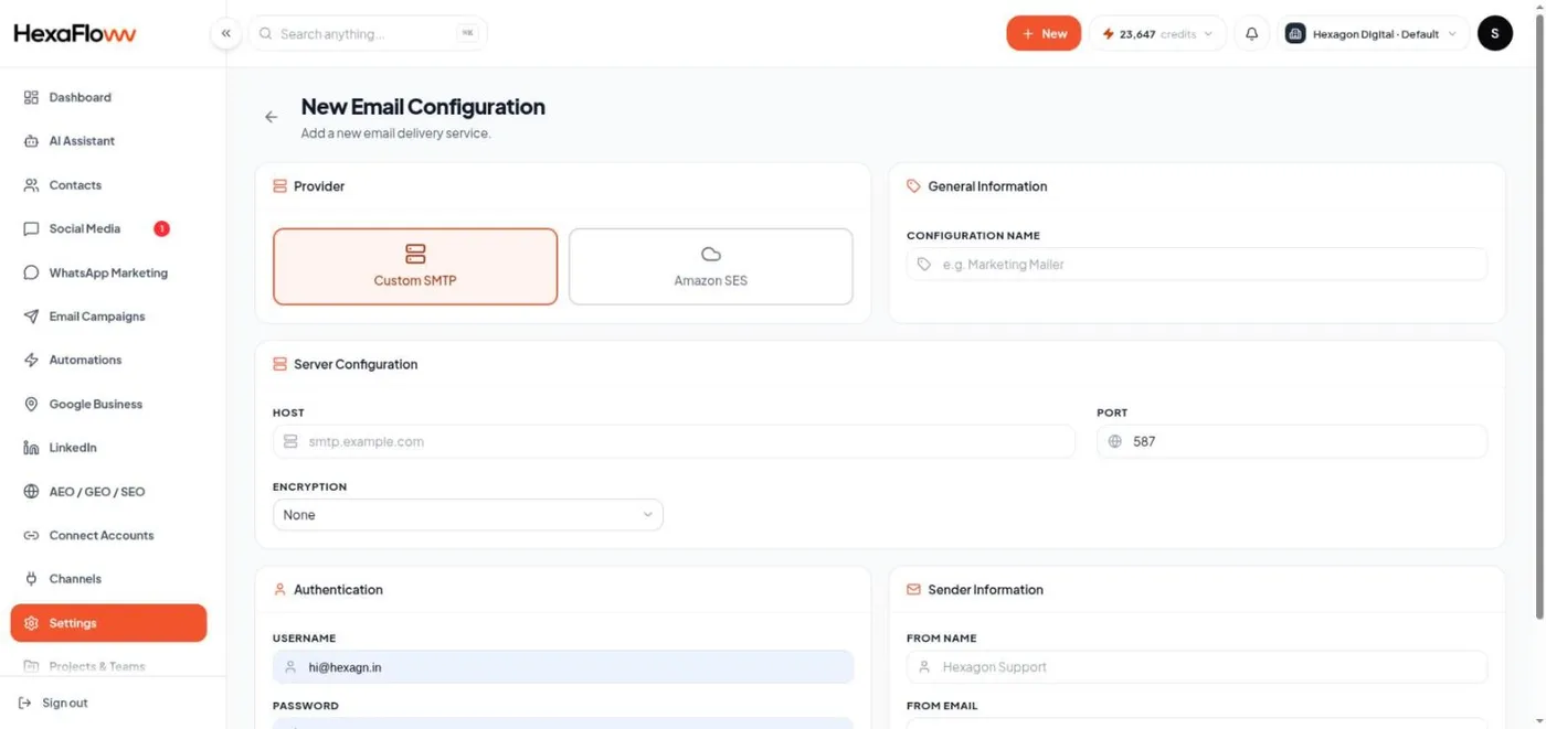 Email sender configuration form