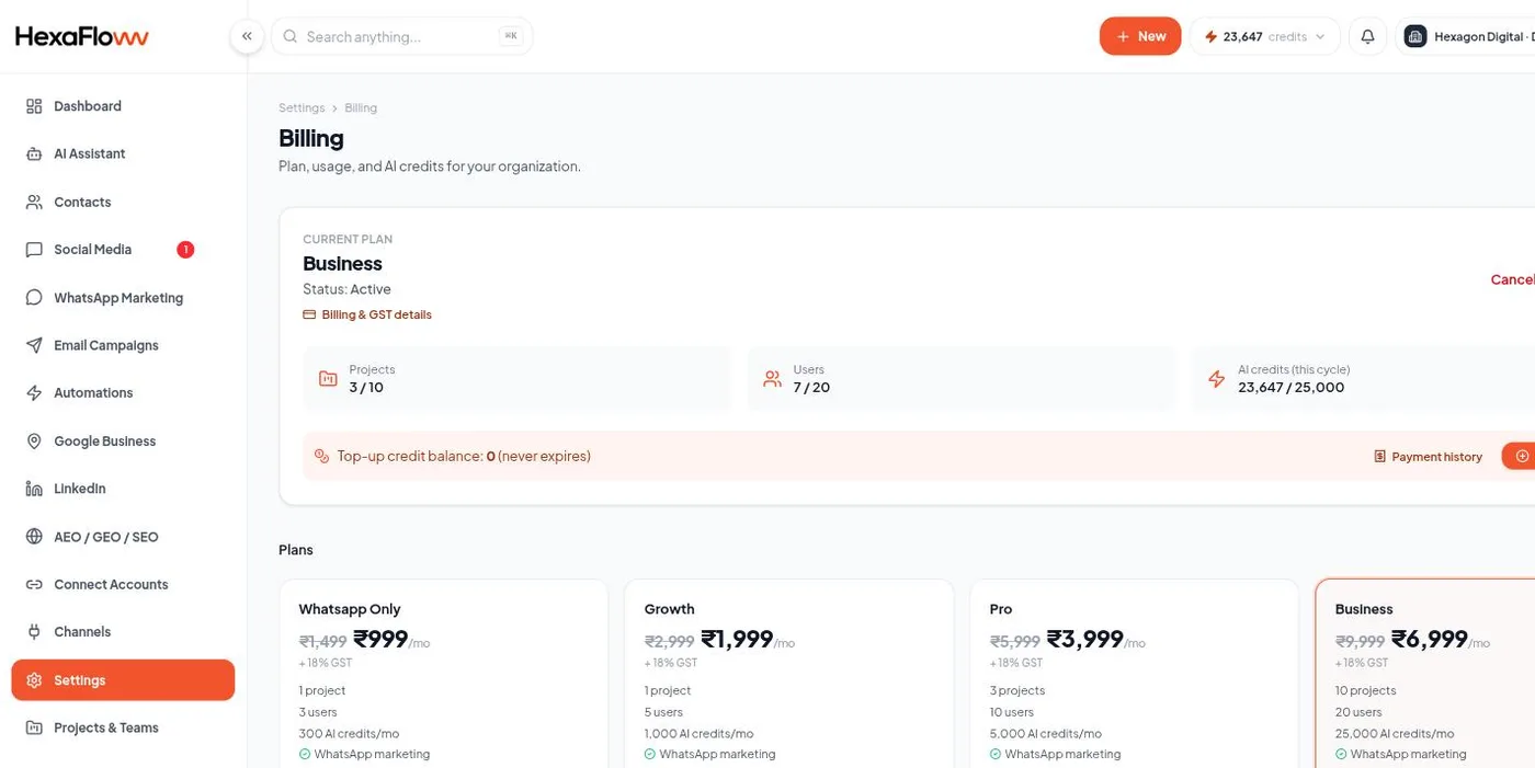 Billing settings page showing the current plan and usage