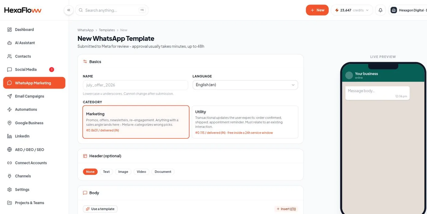 Template builder with header, body, footer and buttons, plus a live phone preview